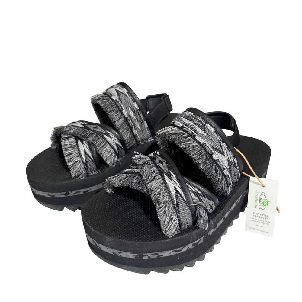 Teva Flatform Universal Fringe Sandals Black Grey Geometric Platform Womens